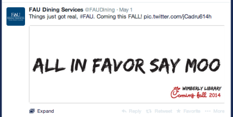 Screen shot of FAU Dining Services' post on Twitter announcing the addition of Chick-fil-A.