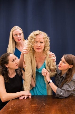 Daughters Karen (Wyatt), Ivy (Pezet) and Barbara (Price) hold back their emotional mother Violet (Ostrenko). Image courtesy of FAU Theater Department.  