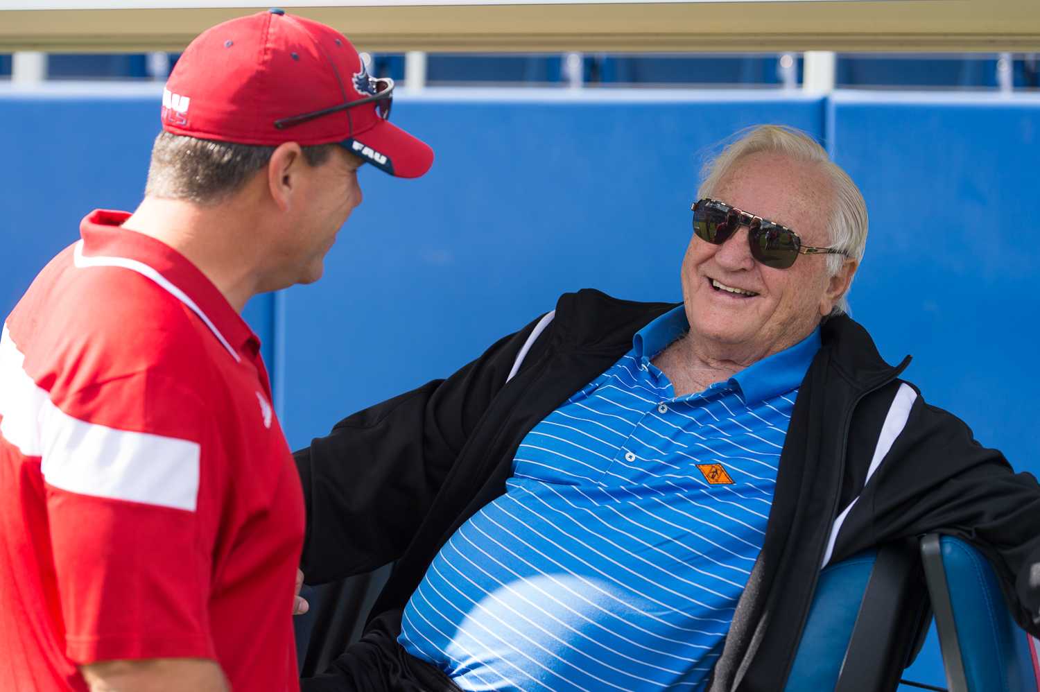 Pro Football Hall of Famer Don Shula and FAU head coach Charlie Partridge meet on the field before the game against Old Dominion.  