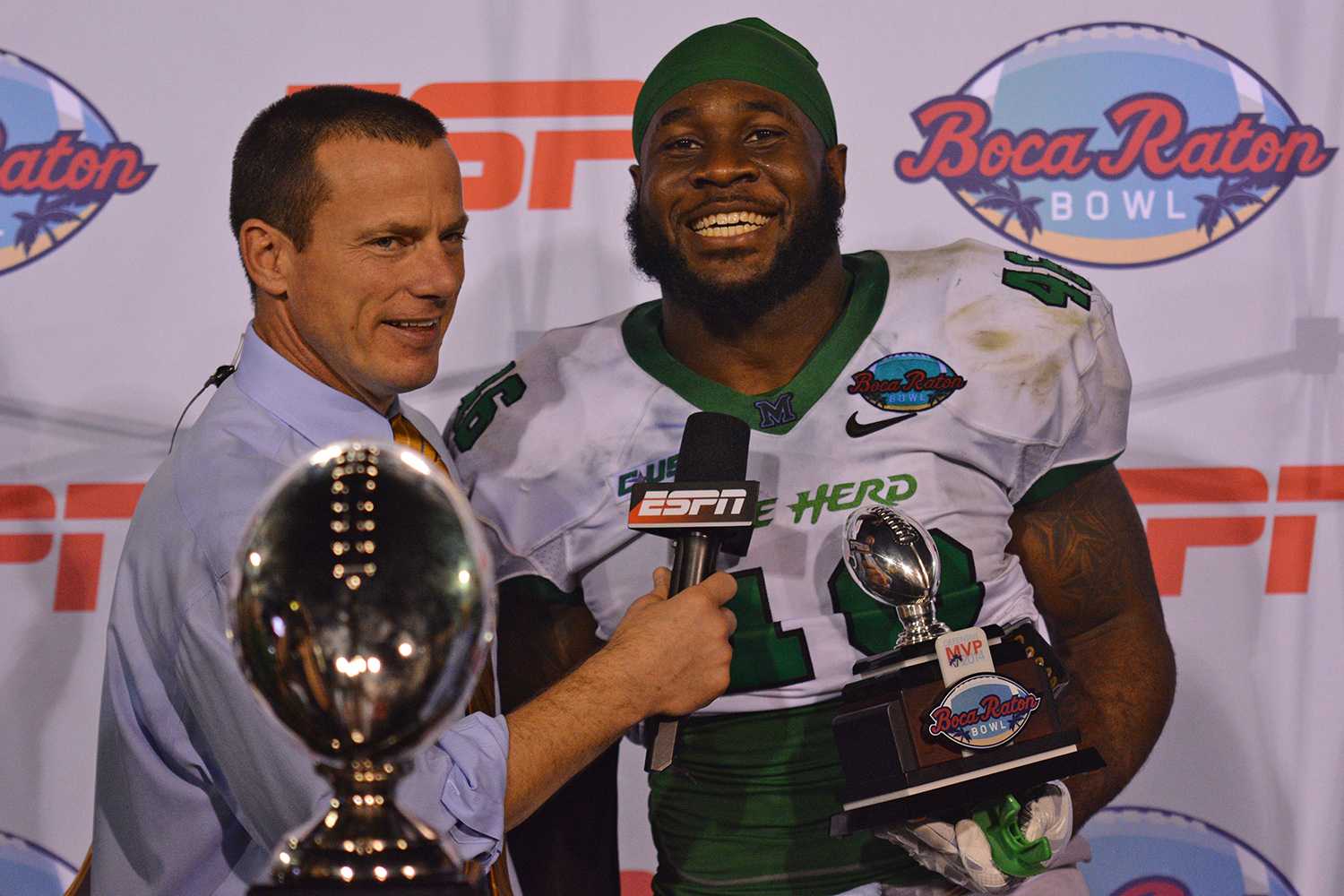 After totaling 1.5 sacks and eight tackles, Marshall linebacker Jermaine Holmes won the Boca Raton Bowl defensive MVP award. Holmes was selected to the Conference USA second team all-conference team. 