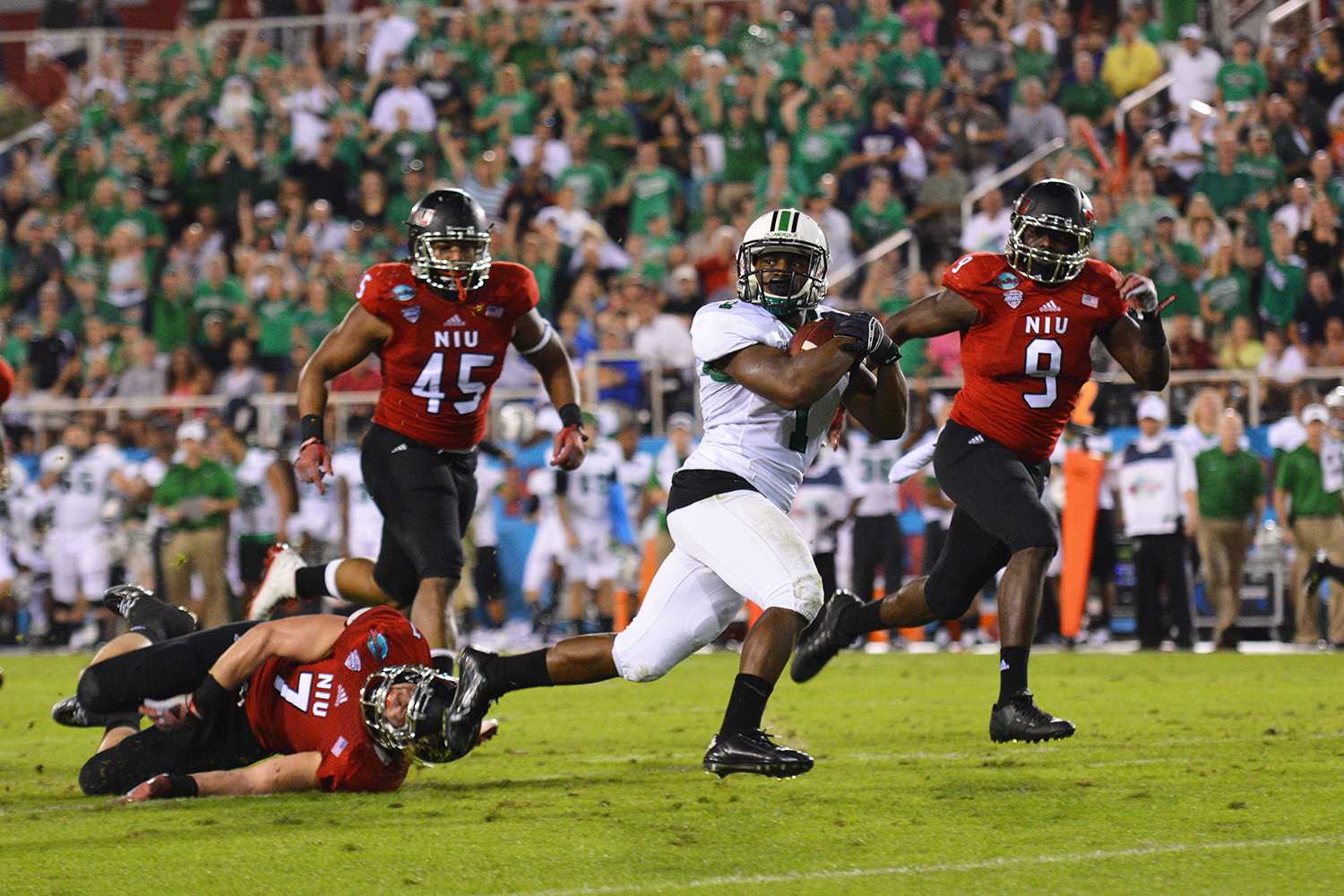 Marshall wide receiver Tommy Shuler led his team in catches (18) and in total receiving yards (189) as the Thundering Herd defeated Northern Illinois 52-23.  