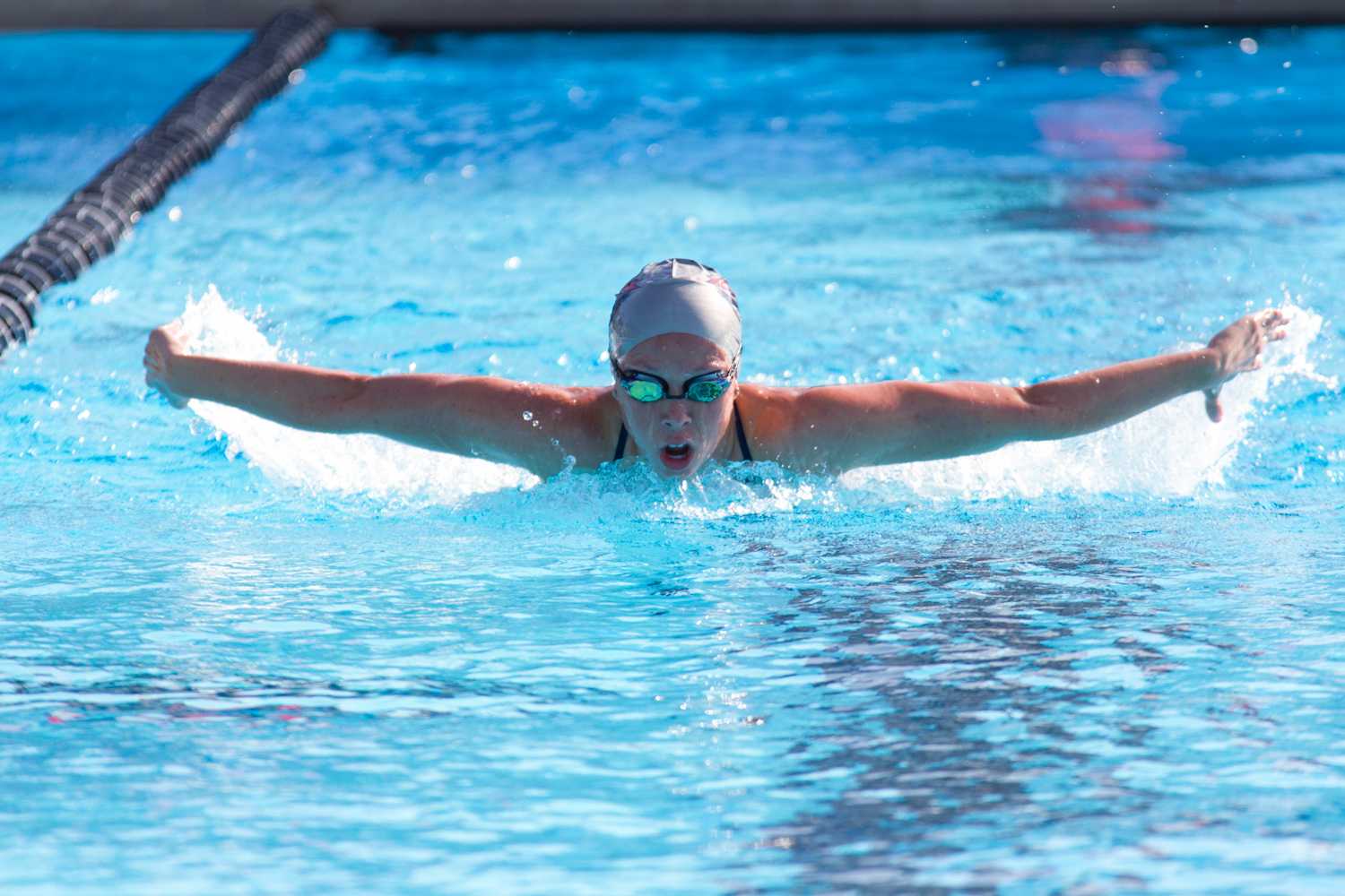 An FAU swimmer in the butterfly leg of the women 400 individual medley. 