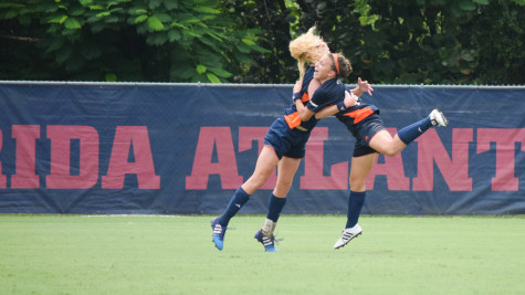  Roadrunner forwards Lauren Hodgdon and Sam Batley celebrate after Hodgdon scored in the 36th minute of Sunday’s game. UTSA went on to win 1-0 for their first victory of the year. Ryan Lynch|Sports Editor
