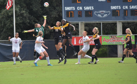 Redshirt Junior Sydney Drinkwater makes a save during Sunday’s 3-0 win versus Southern Mississippi. Drinkwater earned her sixth shutout of the season in the winning effort. Ryan Lynch| Sports Editor