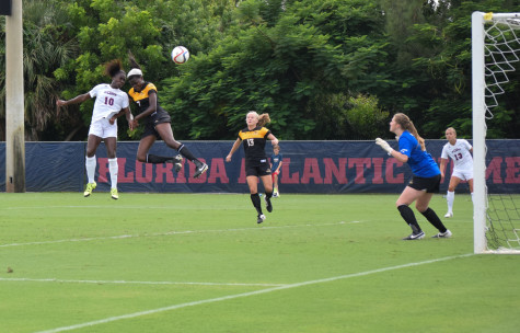 Junior forward Geovana Alves scores FAU’s third goal of the game on a header during Sunday’s game versus Southern Miss. The goal was her team leading seventh of the season. Photo by Ryan Lynch|Sports Editor