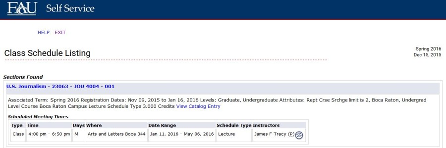 As of this week, James Tracy is listed to have one class for the Spring 2016 semester. Screenshot by Emily Bloch
