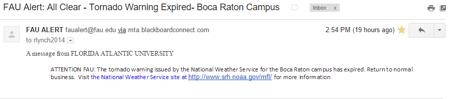 Snapshot of email sent by FAU at the end of the tornado warning.