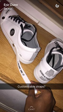 Dunn announced his upcoming sneaker line on his Snapchat with photos and videos of a prototype shoe. The prototype features customizable straps. Dunn ran a poll on Twitter the following day to gauge if followers liked the straps or not. Photo via Dunn’s Snapchat. 