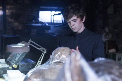 Norman (Freddie Highmore) says goodbye to his taxidermy dog. Just the kind of thing you'd expect in the season finale of "Bates Motel." Images courtesy of A&E.com .