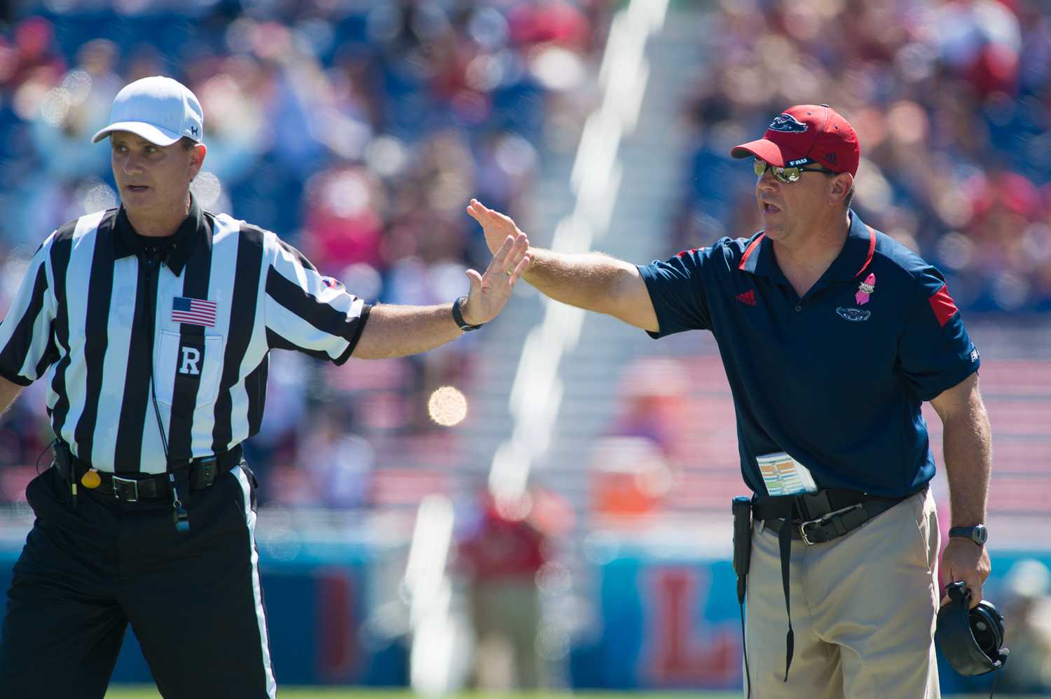 Max Jackson | Photo Editor FAU head coach Charlie Partridge argues with a referee after seeing what he thought was a missed call.