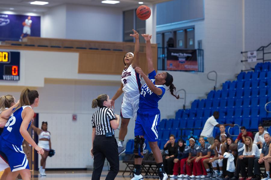 Shaneese Bailey wins a jumpball for the Owis in a game earlier this season versus Lynn University. Photo by Max Jackson
