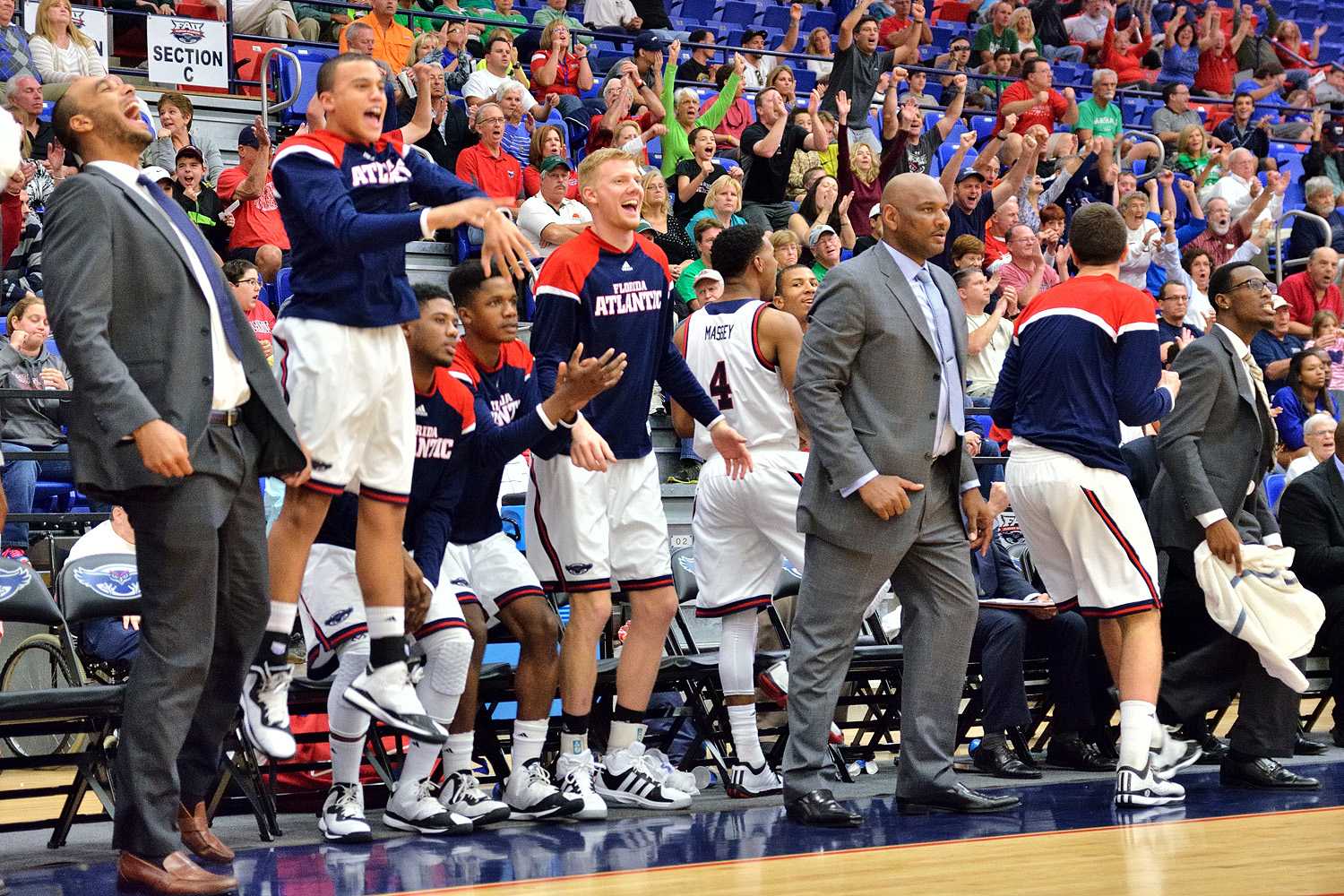 Players and fans celebrate a score in the final minute extending FAU’s lead over Marshall. 