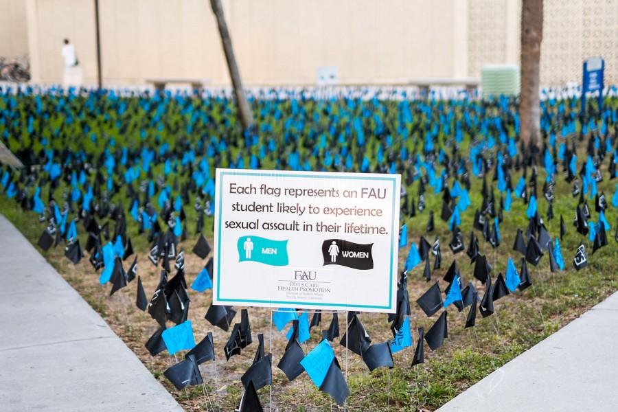 During the month of April, Owls Care Health promotion placed flags outside of the Breezeway with statistics about sexual assault. Mohammed F Emran | Staff Photographer