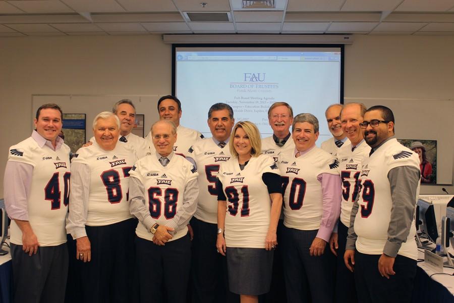 Board of Trustees members wear FAU football jerseys to celebrate the team’s last two wins against Tulane and Southern Miss. Photo by Sarah Suwak.
