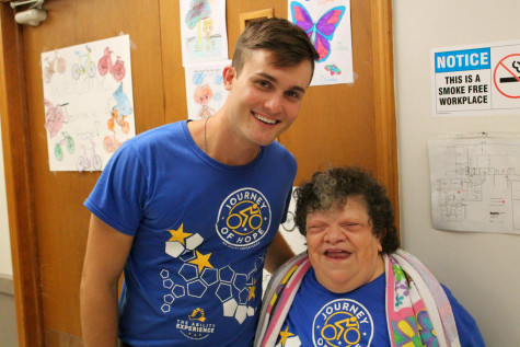 Former Pi Kappa Phi President Evan Camejo at a stop in Vandalia, Illinois during the 2015 Journey of Hope where he spent over four hours visiting with employees of FAYCO Enterprises,a company that helps integrate those with disabilities into the community. Photo courtesy of Evan Camejo