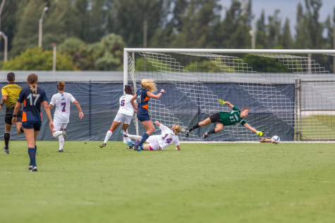 UTSA senior forward Lauren Hodgdon (11) strikes a shot past FAU goalie Sydney Drinkwater Sunday afternoon. It was the lone goal scored in the 1-0 win for her team. Brandon Harrington|Photo Editor