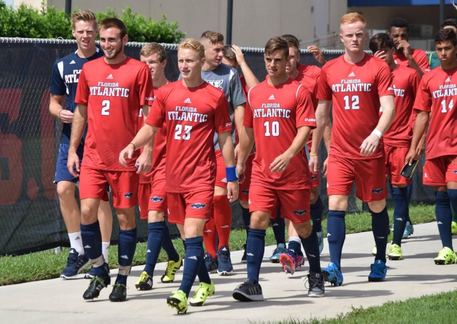 FAU men’s soccer comes out of the Oxley Center after an hour and a half lighting delay before their game versus Fairfield University on Sept. 6. Ryan Lynch |  Sports Editor