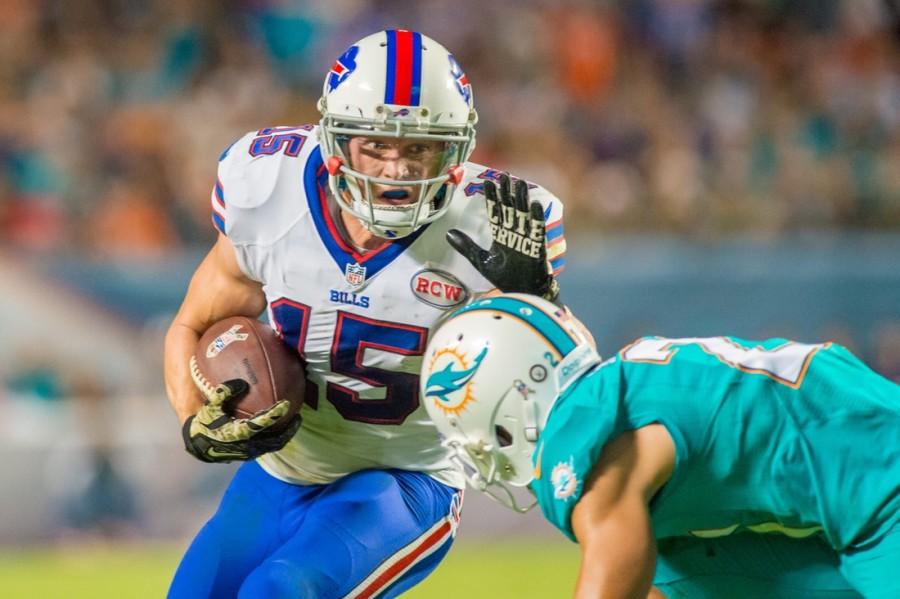 Wide receiver Chris Hogan stiff-arms a defender while playing the Miami Dolphins last season. Max Jackson|Staff Photographer