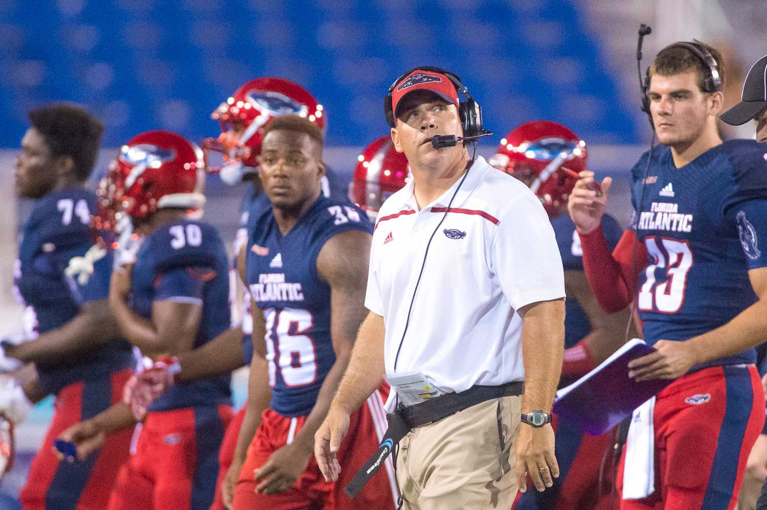  FAU head coach Charlie Partridge looks up at the scoreboard, with 2:44 left in the fourth quarter during his team’s 27-26 loss to Rice. Max Jackson | Staff Photographer