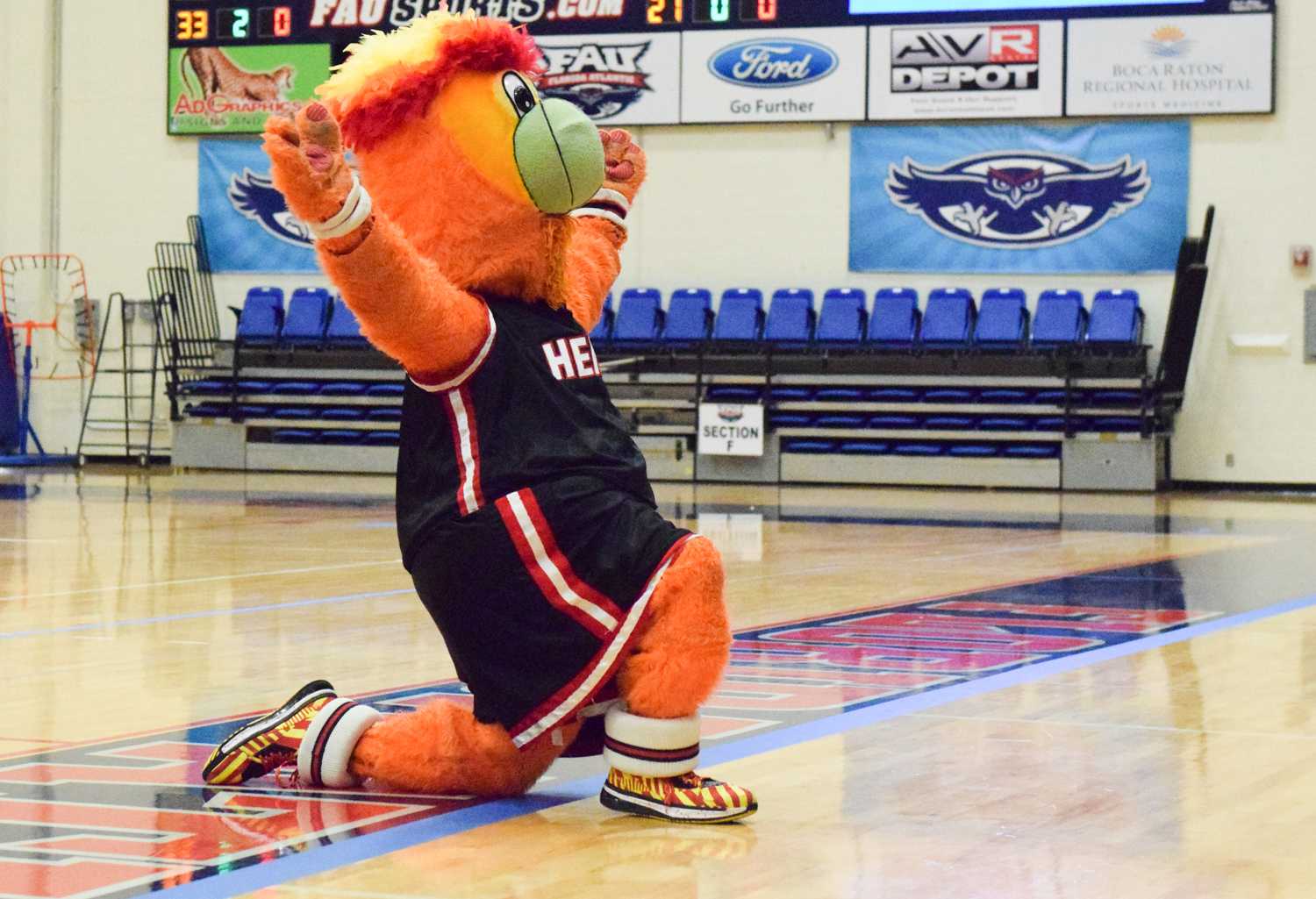 Miami Heat mascot Burnie performs during a stoppage of play during the Friday night game. The Heat held their training camp at FAU Arena earlier in the week. Ryan Lynch | Sports Editor 