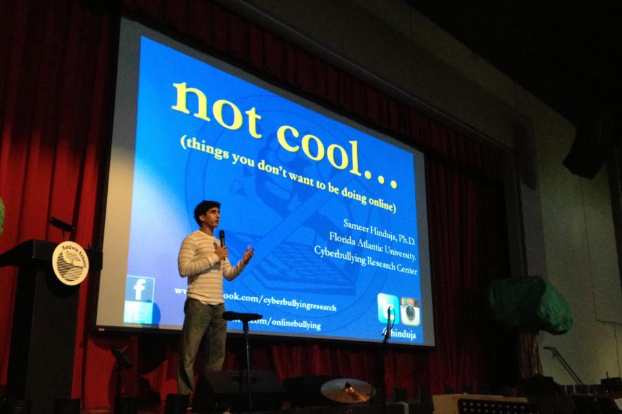 Sameer Hinduja discusses his research on cyber bullying and good online etiquette to a school in North Palm Beach. Photo courtesy of Sameer Hinduja