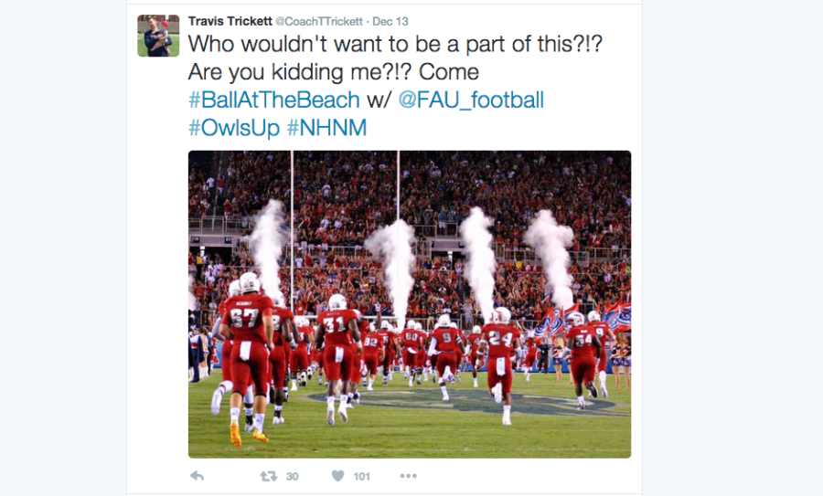 Screenshot of a Travis Trickett tweet promoting his new job at FAU. Do you know where he coached before he became the Owls offensive coordinator?