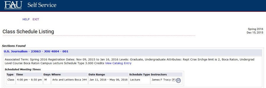 As of this week, James Tracy  is listed to have one class for the Spring 2016 semester. Screenshot by Emily Bloch