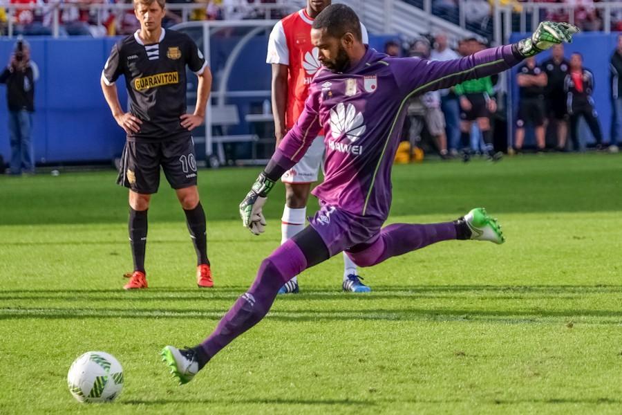 Independiente Santa Fe goalkeeper Robinson Zapata takes a penalty kick attempt in the fourth minute f his teams game against the Fort Lauderdale Strikers.  Zapata would score the attempt and put his team up 1-0Mohammed F. Emran | Staff Photographer