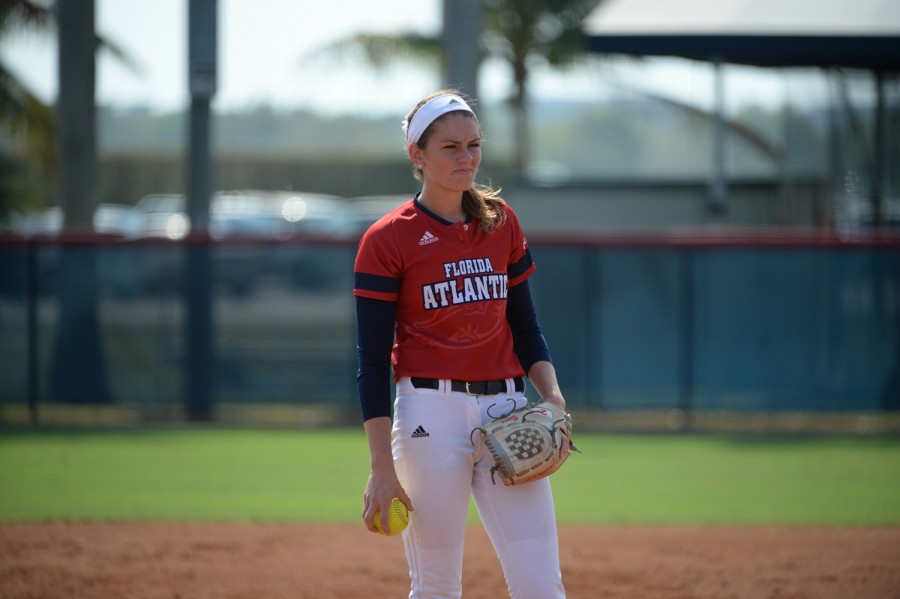 Kylee Hanson stares down the plate before delivering a pitch last season. Photo courtesy of FAU Athletics