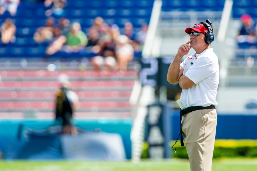 Owls head coach Charlie Partridge looks at the scoreboard Saturday in the
final minutes of his teams 33-15 loss to Buffalo on Sept. 19, 2015. Max Jackson | Staff Photographer.