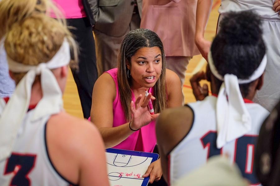 Head coach Kellie Lewis-Jay speaks to her players during her teams Feb. 18, 2016 loss to Rice.  PhotoMohammed F. Emran 