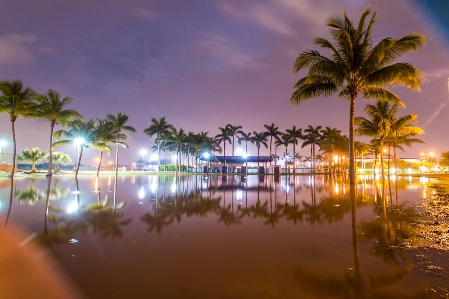 The downpour on Thursday evening led to flooding on FAU’s Boca Raton campus until Friday morning. Pictured is a full retention pond behind the softball field around midnight.  Max Jackson | Staff Photographer