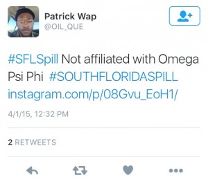 Sadiddy Entertainment provided the UP with this Tweet, only it blacked out user @Oil_Que's handle. The user's alias is Patrick Wap and his bio starts out with “ΩΨΦ” — Omega Psi Phi’s Greek symbol. 