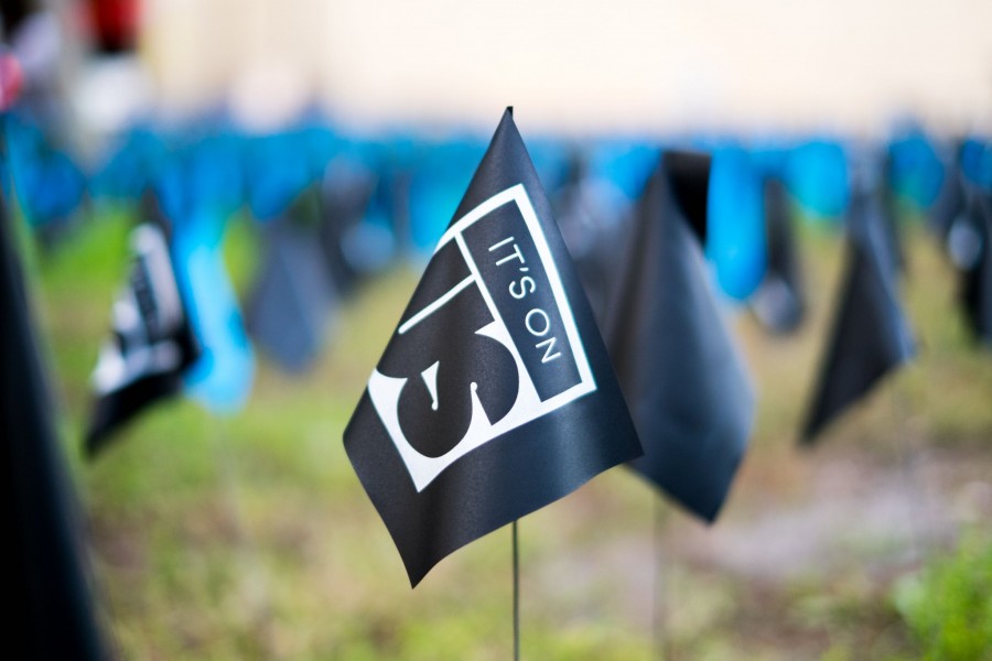 Last April, Owls Care Health Promotion placed flags outside of the Breezeway with statistics about sexual assault. Photo by Mohammed F. Emran