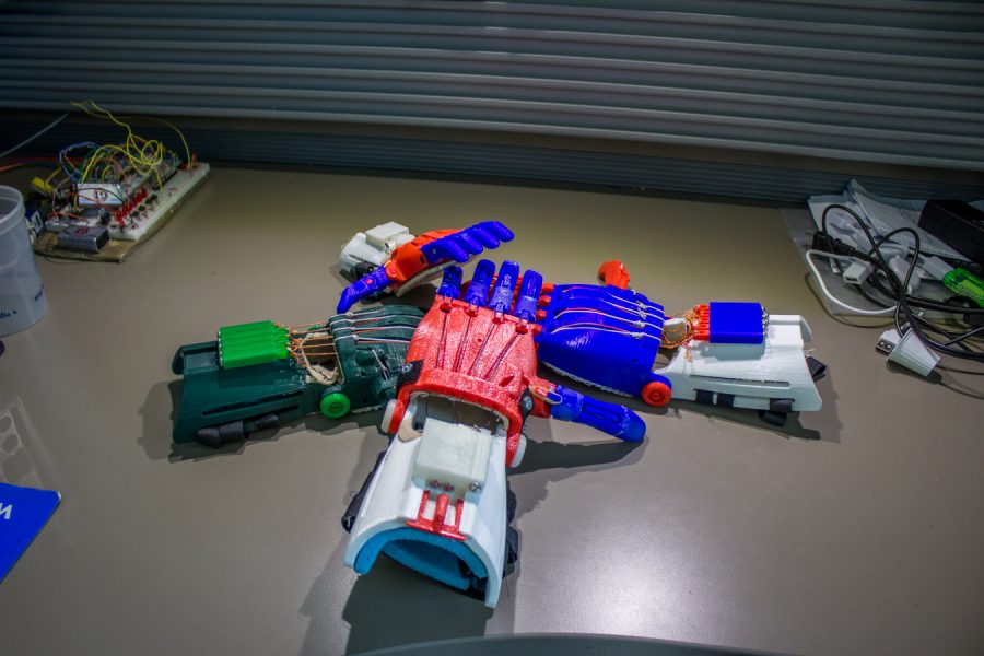 Four of Weinthal’s 3-D printed hands that take 13-16 hours to print each. Andrew Fraieli | Opinions Editor