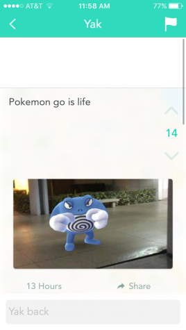 Screenshots from YikYak on FAU's Boca Raton campus, playing Pokémon GO. 