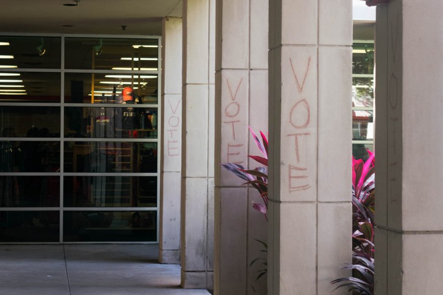 Pillars near the campus bookstore have the word “vote” written in chalk on them a day after the 2016 presidential election. Ryan Lynch | Editor in Chief