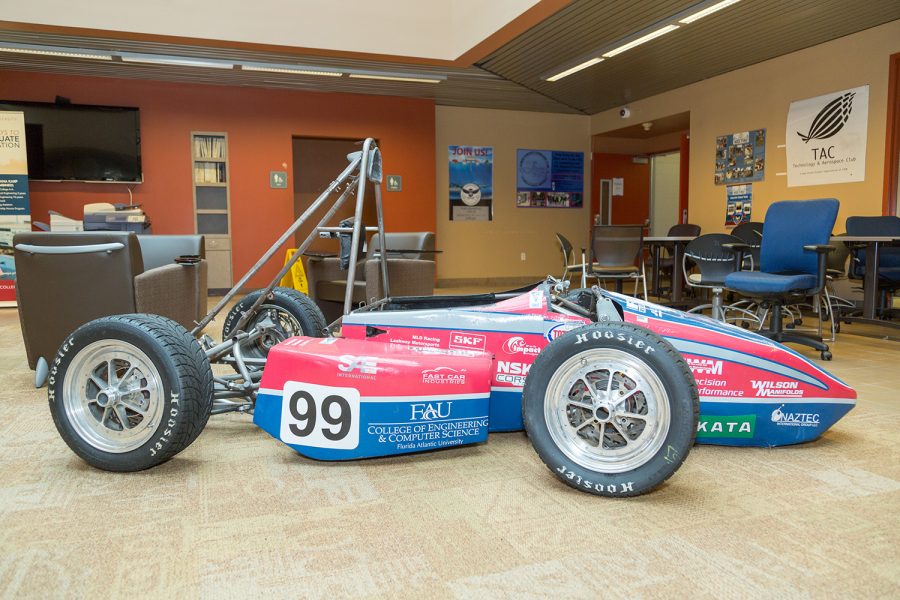 One of the past race cars used by Owl Racing now sits in Engineering Wests lobby of the College of Engineering and Conputer Science. Brandon Harrington | Contributing Photographer