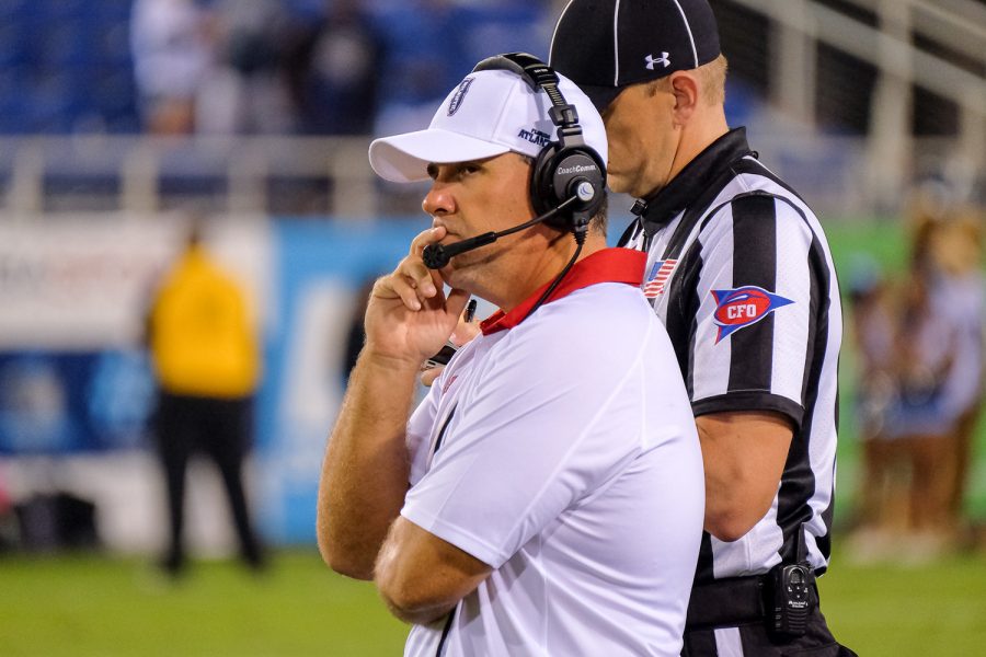Mohammed F Emran | Staff Photographer FAU head coach Charlie Partridge waits for a call from the referees. FAU lost to ODU 42-24. 