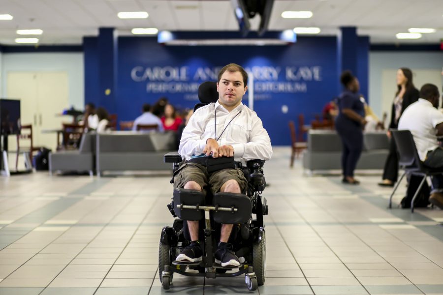 The wheelchair specialized for Garrett Mayersohn allows him to have access to the Student Union. Alexander Rodriguez | Contributing Photographer