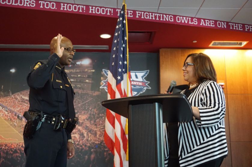 Sean Brammer sworn in as Chief of FAU police by Stacy Volnick
Vice President for Administrative Affairs and Chief Administrative Officer on July 26.  Photo courtesy of FAU PD

