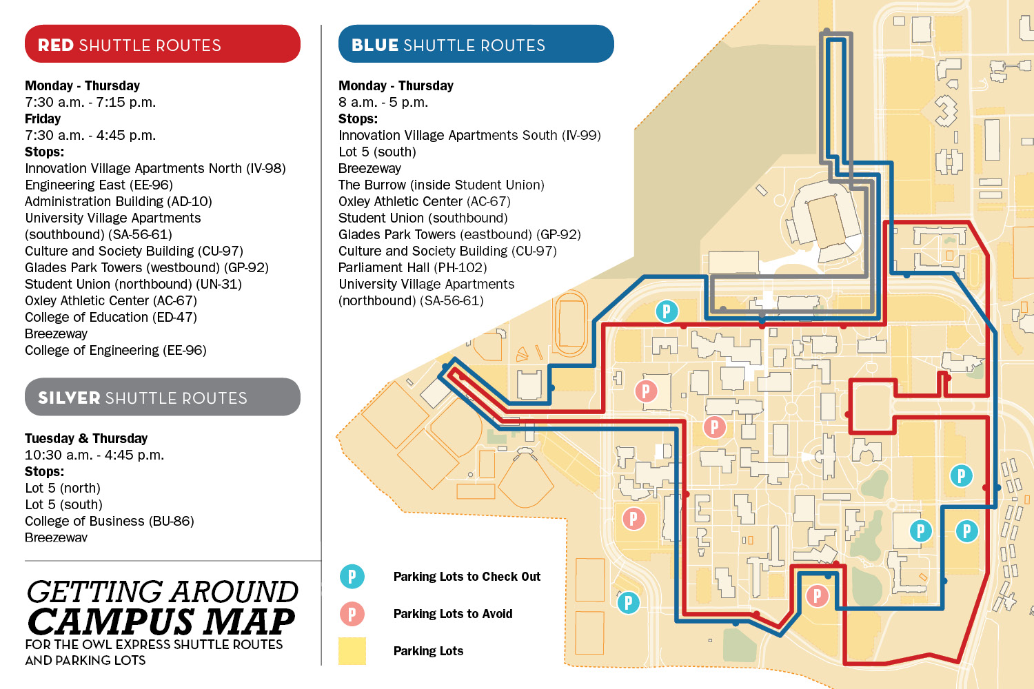 Transit and parking map of Florida Atlantic Universitys Boca Campus. Map illustration by Ivan Benavides | Senior Designer