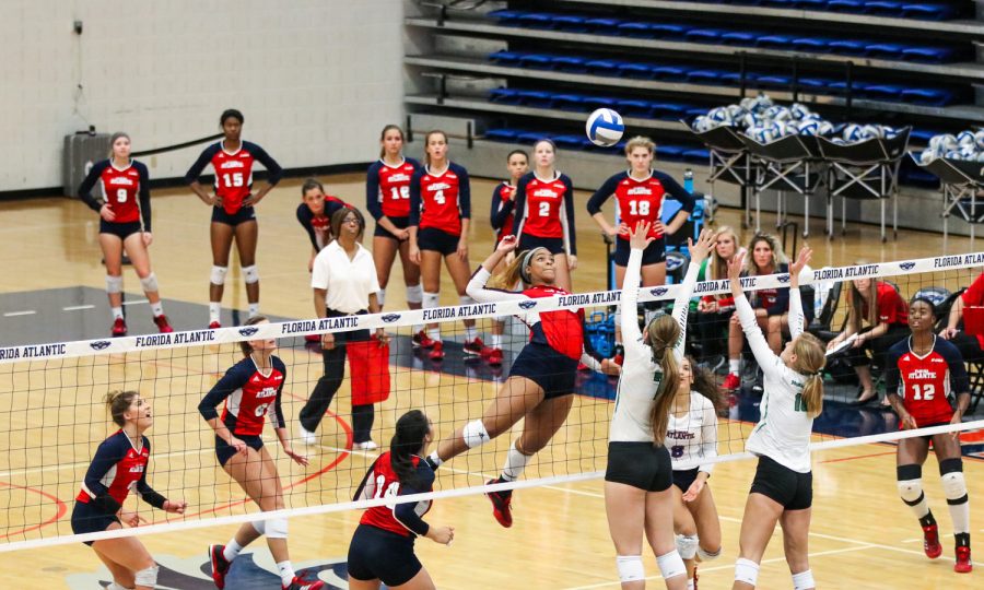 Junior rightside hitter Abbi Reid (10) spikes the ball past the North Texas’s defense and obtains a point for FAU during their Oct. 15 game versus North Texas. Lauren Sopourn | Contributing Writer