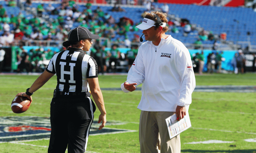 FAU head coach Lane Kiffin argues with a referee after a holding call during the second quarter of the Conference USA Championship Game versus North Texas. Joshua Giron | Photo Editor
