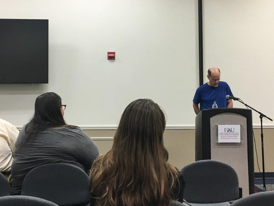Bob Hicok teaches students about humor in poetry as well reading some excerpts from his work. The Virginia Tech professor came to FAU last Thursday.