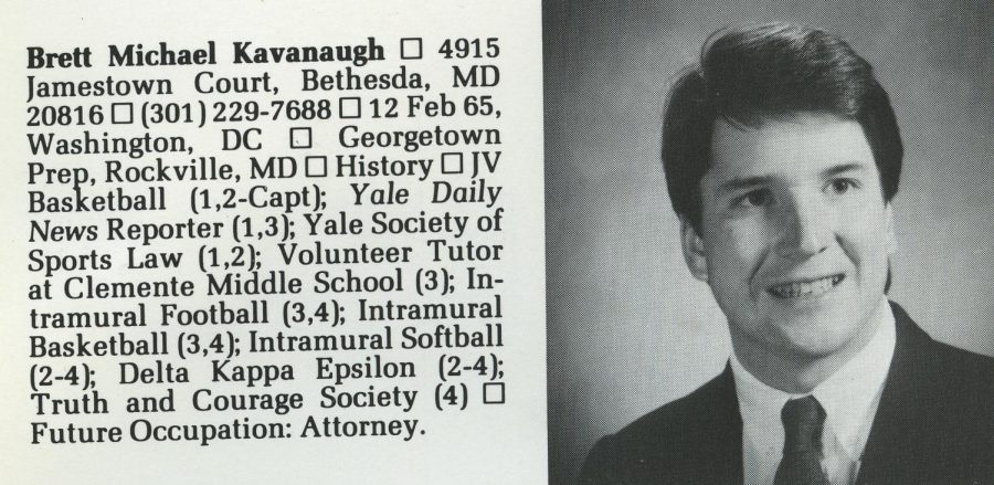 Above is Brett Kavanaughs Yale yearbook photo. Two of the sexual misconduct allegations took place during high school parties, while the other was in a university dorm, according to the accusers. Photo courtesy of Wikimedia Commons