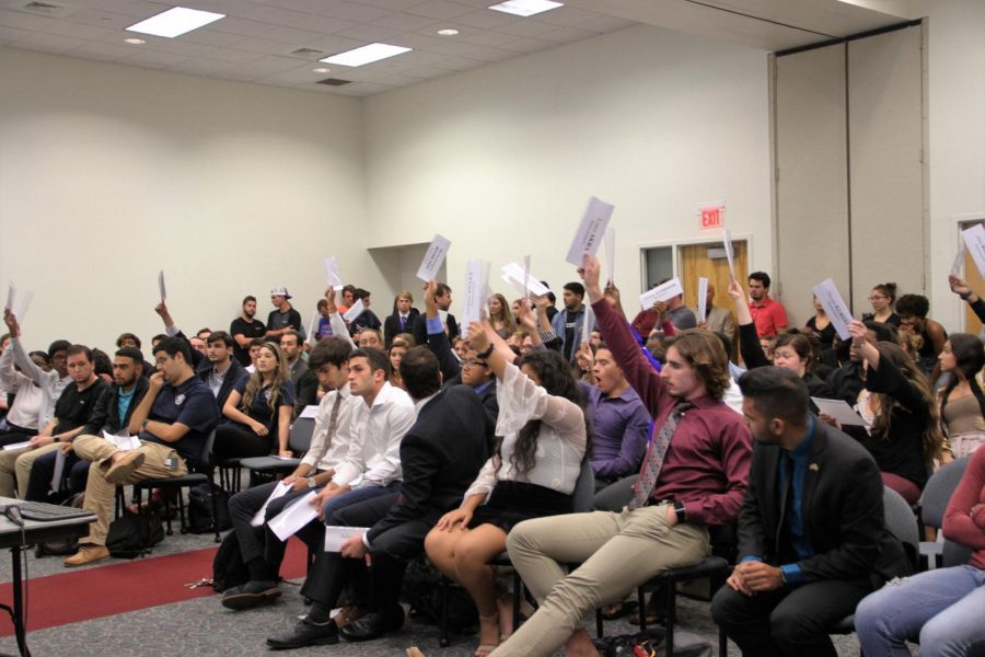 The Boca House of Representatives vote on a proposal during a House meeting, similar to how students will be voting for who will represent them in Student Government later this month. Photo by Hope Dean 