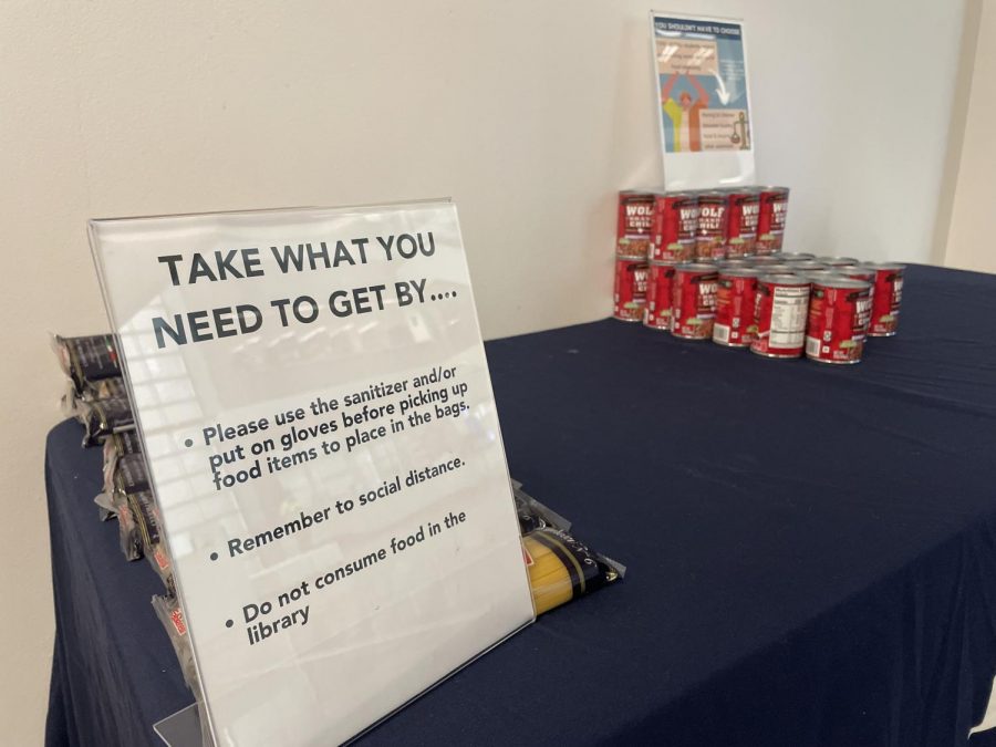 The Beyond Food Program has a bank of food for students to take from in the library. Photo by Colby Guy.