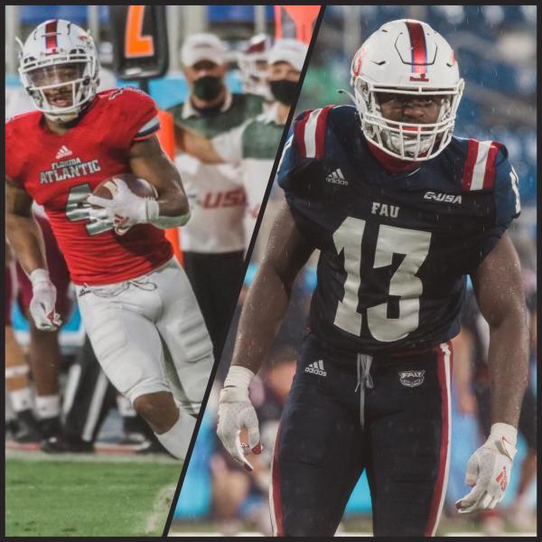 BJ Emmons (left) and Leighton McCarthy (right) signed with the Seattle Seahawks and Tampa Bay Buccaneers as undrafted free agents. Photos by Alex Liscio. Collage by Gillian Manning.