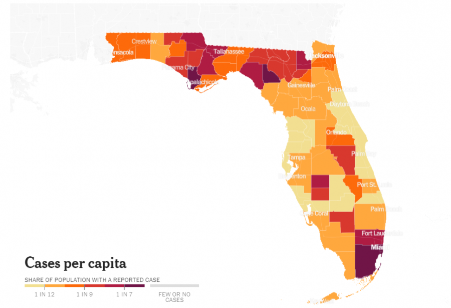 This map of Florida depicts COVID-19 cases per capita. The darker areas have more cases reported within the countys population. Courtesy of the New York Times.